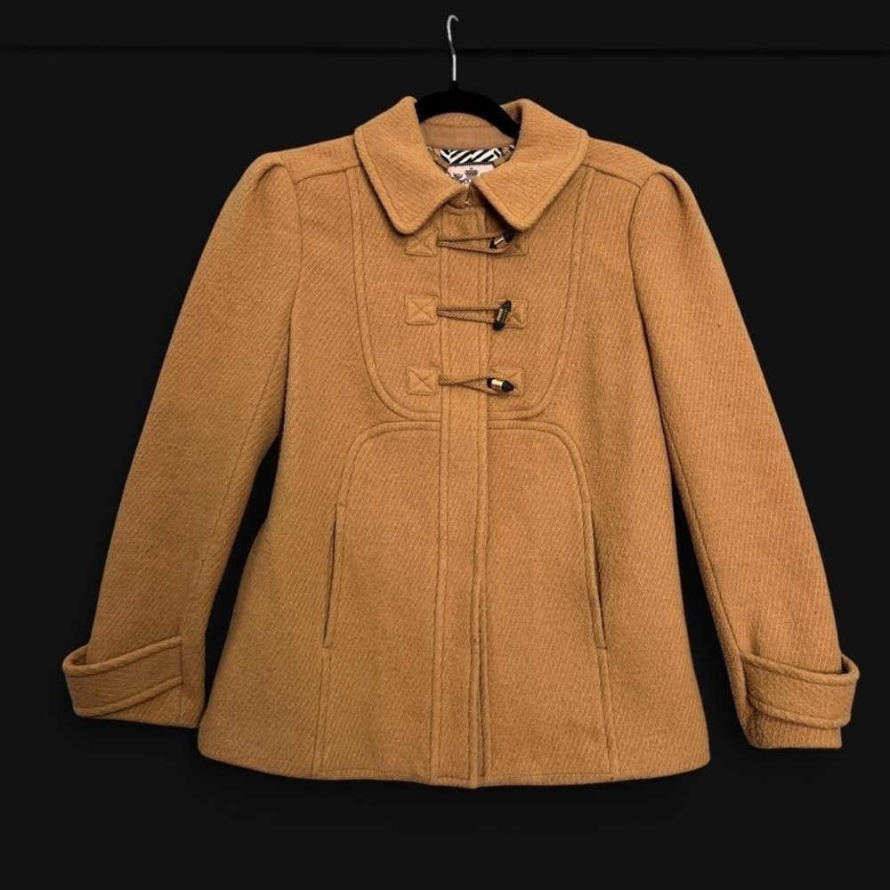 Juicy Couture Wool Blend Toggle Coat Camel Preppy Academia Sz M Winter 90s Y2K